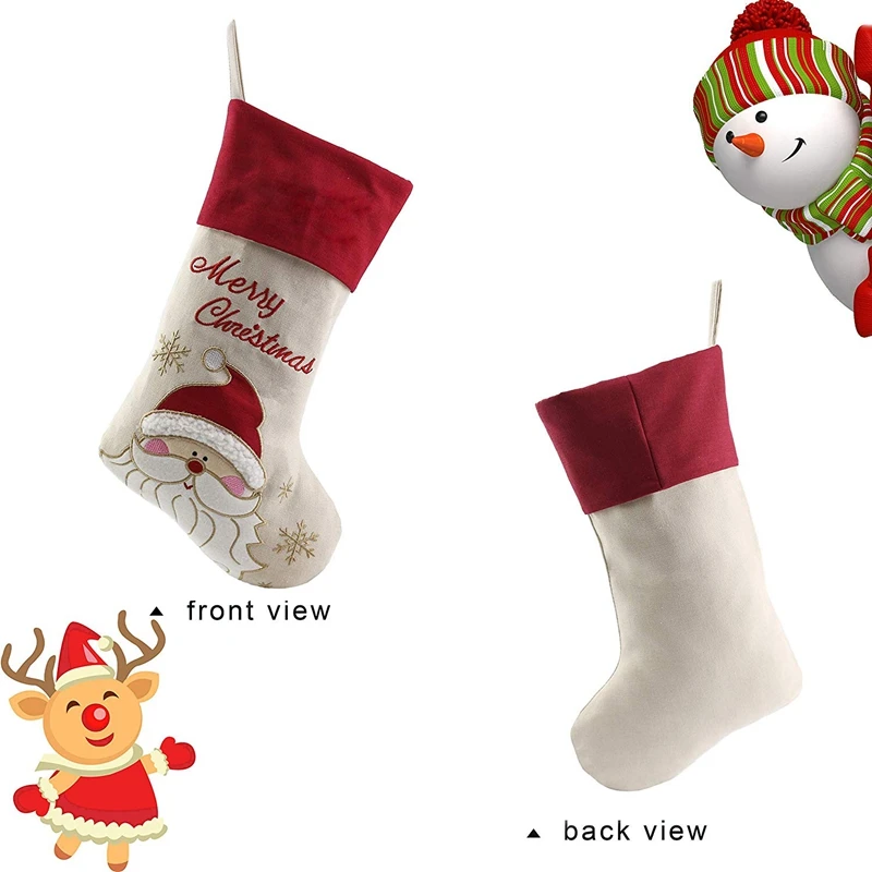 

Lovely Christmas Stockings Set of 3 Santa, Snowman, Reindeer, Xmas Character 3D Plush Linen Hanging Tag Knit Border