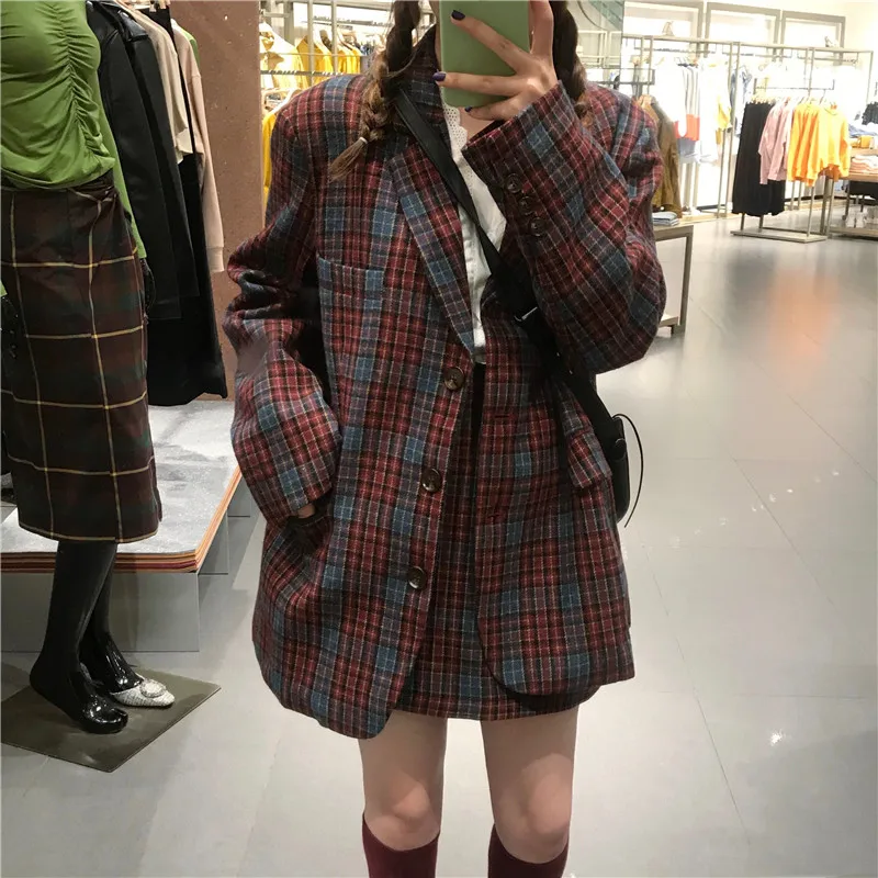 

2020 Korean 2 Piece Skirt Set Female Notched Long Plaid Blazer Jacket+A Line Mini Skirt Vintage Spring Autumn Women's Suit