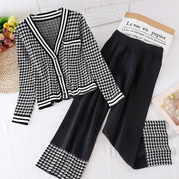 

Women Knit Houndstooth Cardigan Long Sleeve Sweater Coat + Wide Leg Pants Sets Elegant V-neck Jacket Trousers 2PCS Plaid Outfits
