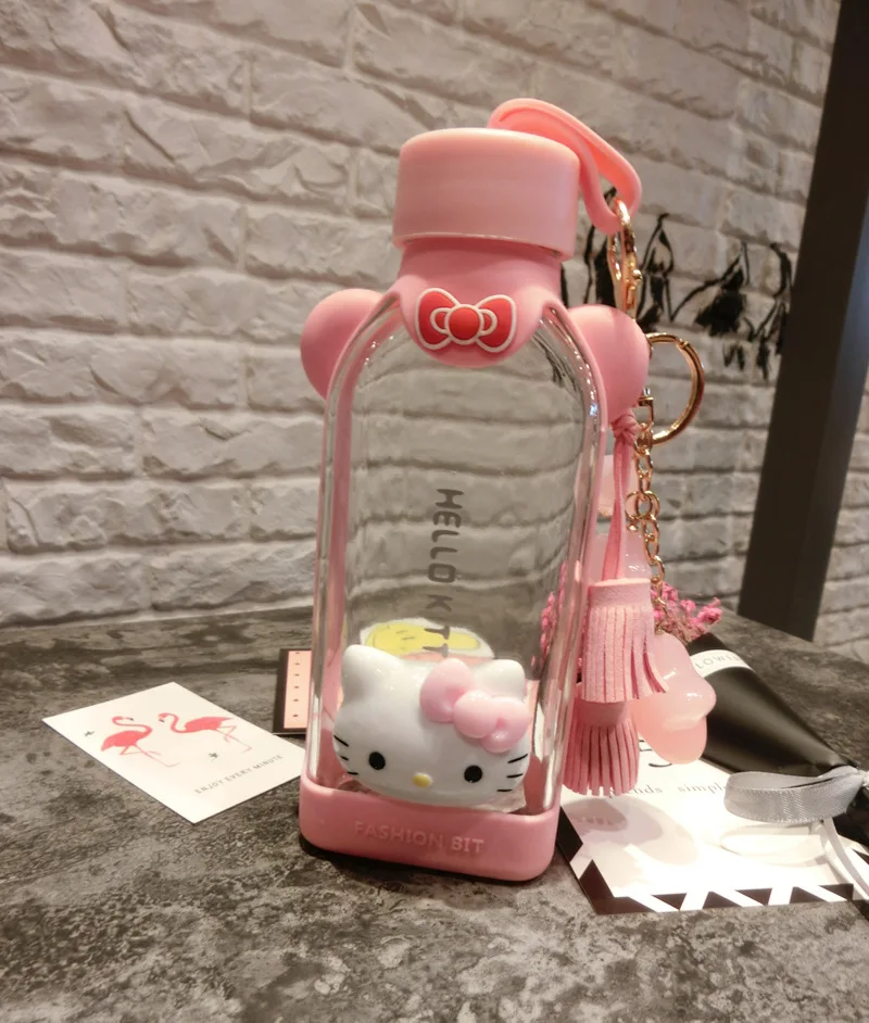 350 мл мультфильм hello kitty плоская бутылка для воды картон стеклянная бутылка для воды с крышкой анти-скальдинг силиконовый рукав бутылка для чая экологичная