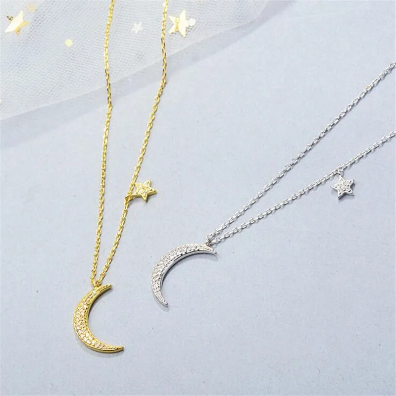 

New Fashion Simple Temperament Full Crystal Sparking Star And Moon 925 Sterling Silver Jewelry Exquisite Crescent Necklaces H464