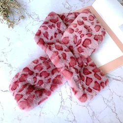 Women Pink Leopard Print Cross Loophole Collar Scarf Harajuku Winter Furry Plush Neckerchief Thermal Neck Warmer Wrap