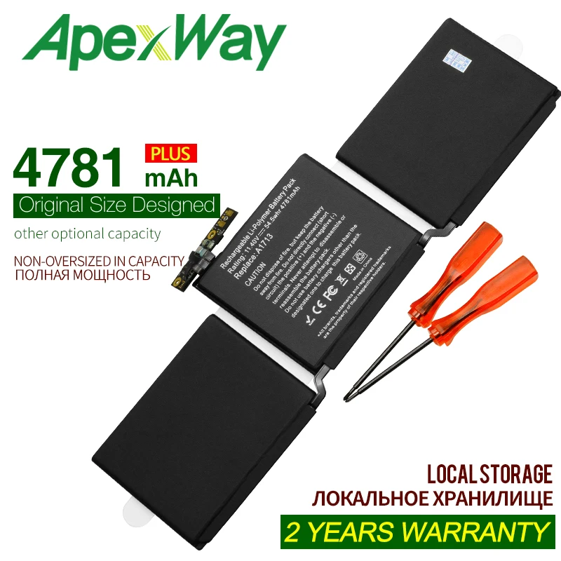 

ApexWay 11.4V 4781mAh New A1713 Laptop Battery for Apple MacBook Pro 13'' A1708 2016 year With Tools