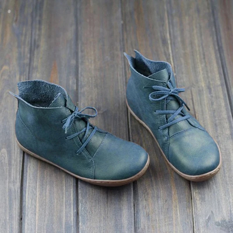 

Casual Leather Ankle Boots New Autumn Women Flats Retro Ladies Lace Up Shoes Soft Bottom Sewing Lightweight Boots For Women