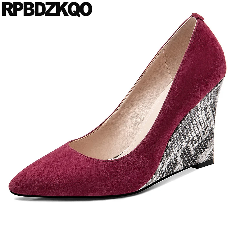 

Sheepskin Shoes Women Pointed Toe Novelty Small Size Snake 4 34 Snakeskin Genuine Leather Suede Wedge High Heels Pumps 2021