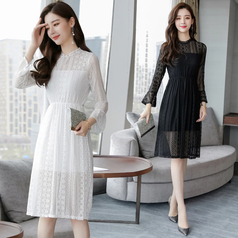 

2019 Spring Clothing New Style Korean-style Stand Collar Fashion Mid-length Lace Dress Women's Fashion