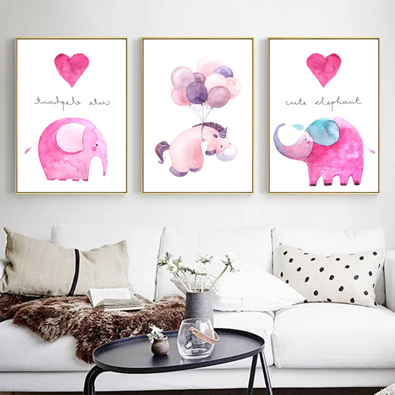 

Scandinavian Pink Fuchsia Horse Elephant Ballon Children's Room Decorative Mural Cartoon Lovable Animal Print Wall Art Girl Room