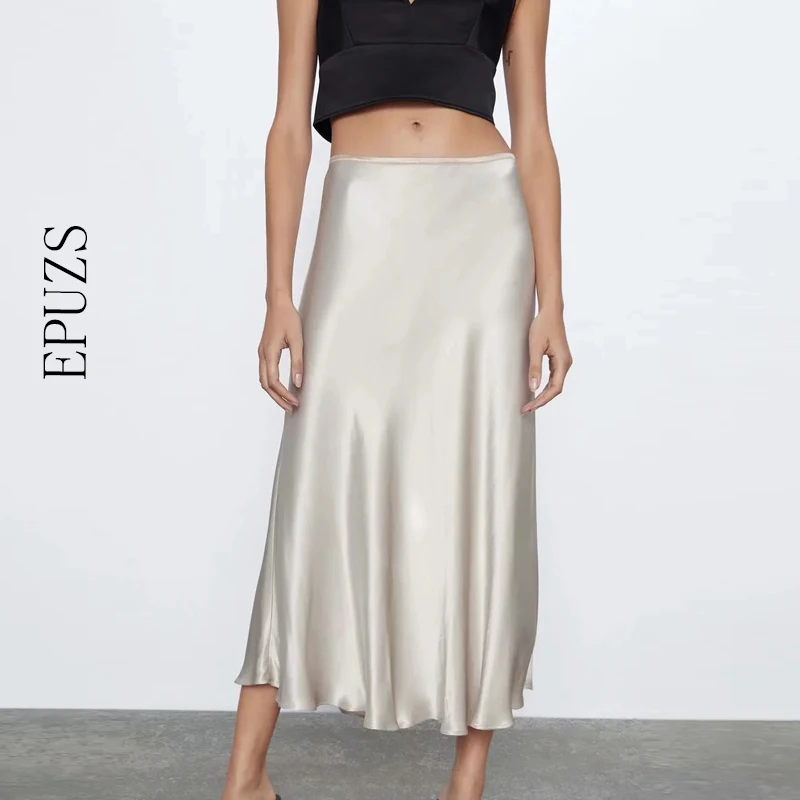 

elegant silk high waist satin skirts women causal office midi skirt vintage silver yellow office A-Line skirt 2020