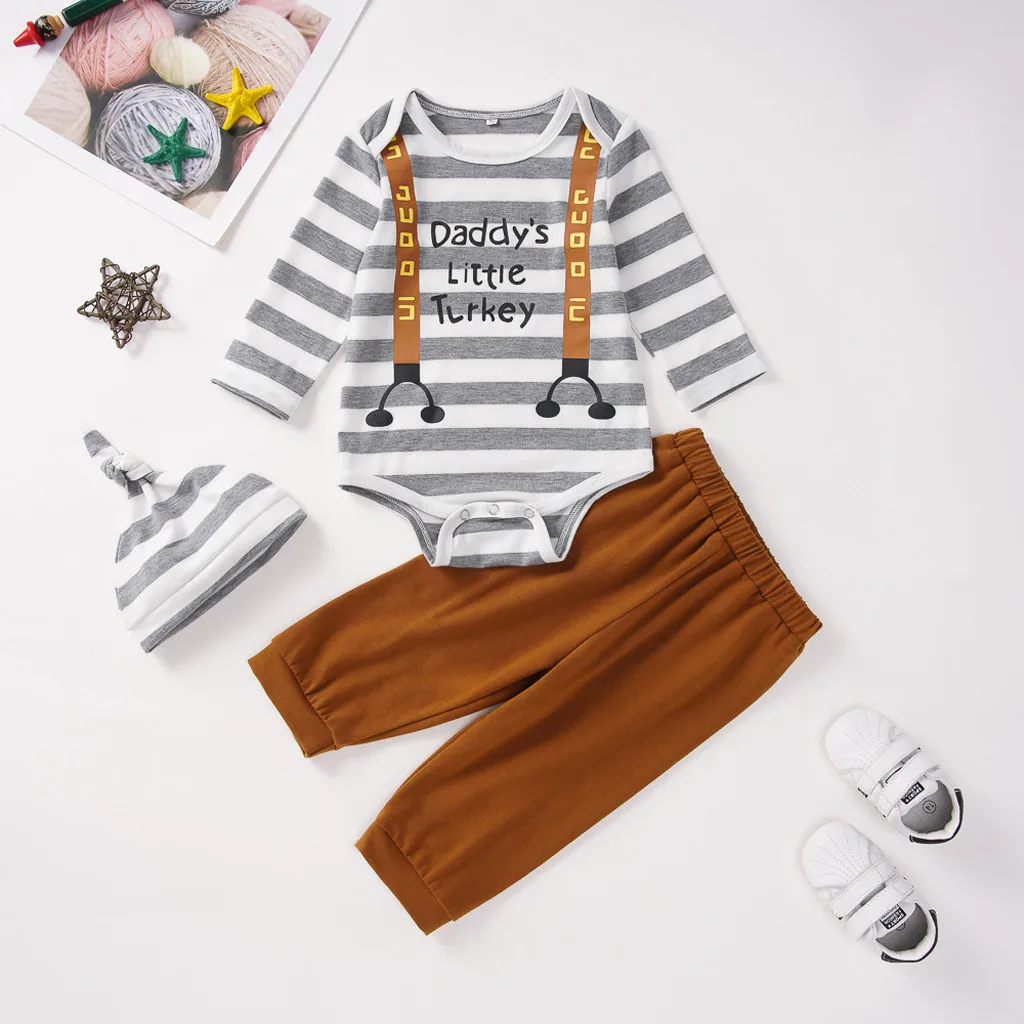 

Thanksgiving Day Baby Boy Clothes Newborn Infant Daddy's Little Turkey Striped Romper Pant Hat Babies Boys Outfits Clothing set
