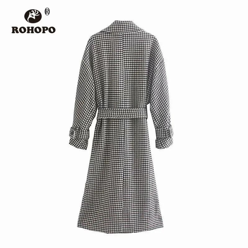 ROHOPO Houndstooth пояс Зубчатый воротник миди серый смесь Пальто Кнопки для пряжки Culf передний рант карманы осенние клетчатые Капа#9293