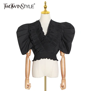 

TWOTWINSTYLE Vintage Loose Women Shirt V Neck Puff Short Tunic Patchwork Ruffles Blouse For Femlae Clothing 2020 Summer Fashion