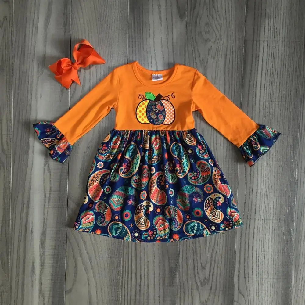 Детская одежда для девочек осеннее платье на Хэллоуин оранжевое с принтом тыквы