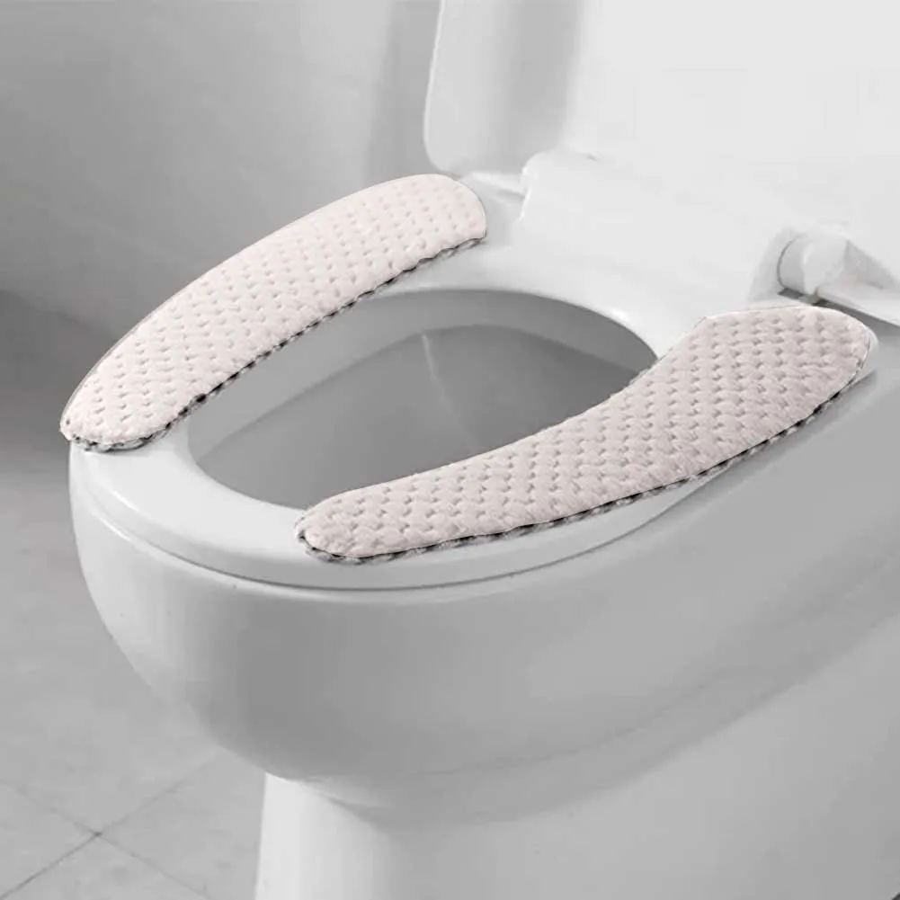 2 Pcs Washable Plush Household Reusable Thick Warm Winter Non Slip Self Adhesive Cute Toilet Seat Cushion Soft Bathroom