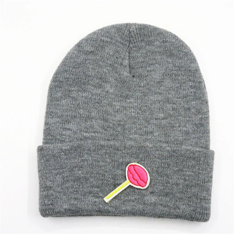

Lollipop Candy Embroidery Thicken Knitted Hat Winter Warm Hat Skullies Cap Beanie Hat for Men and Women 185