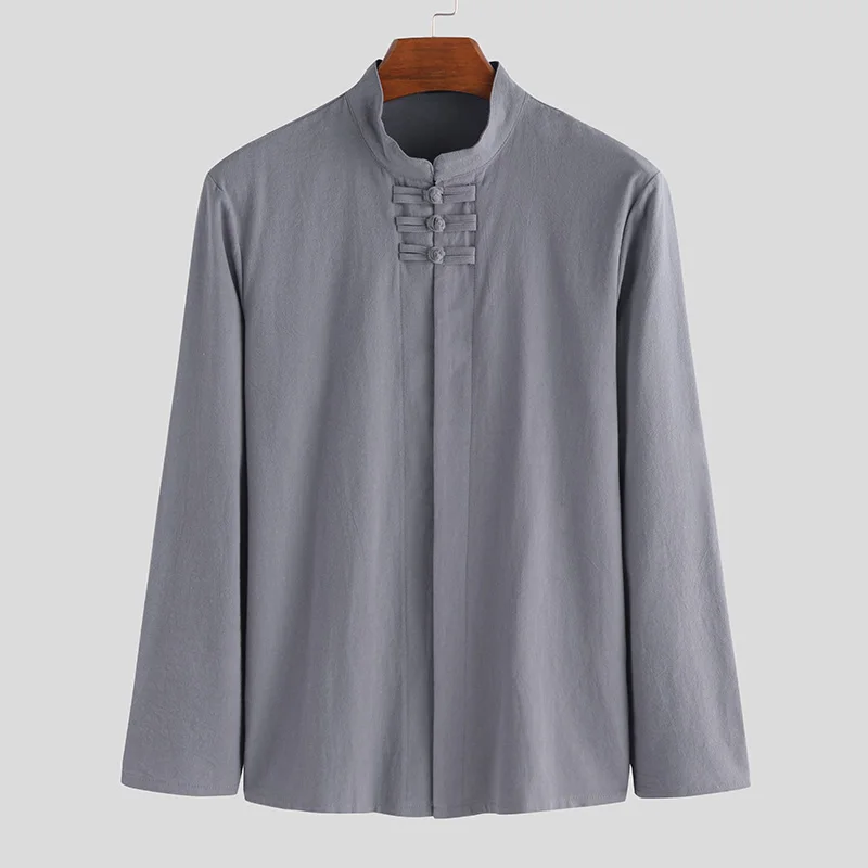 Gray Shirt Рубашка из хлопка и льна, мужская рубашка со стоячим воротником,, длинный рукав, одноцветная, в китайском стиле, на пуговицах, брендовая, винтажная, повседневная, Camisa S-3XL INCERUN - Цвет: Gray Shirt