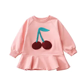 

Dresses Baby Girl Spring New Petticoat Candy Color Cherry Crew Neck Casual Cute Young Trees Cotton Soft Full Sleeve Coat Clothes