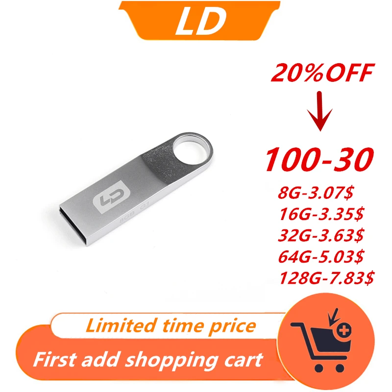 USB флеш-накопитель LD V07, 8 ГБ/16 ГБ/32 ГБ/64 Гб/128 ГБ, USB 2,0, металлическая карта памяти