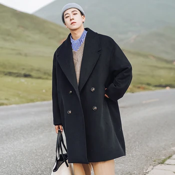 

Men's overcoat new style 2019 autumn winter slimmer thickened double-breasted coat loose casual personality youth men's wear