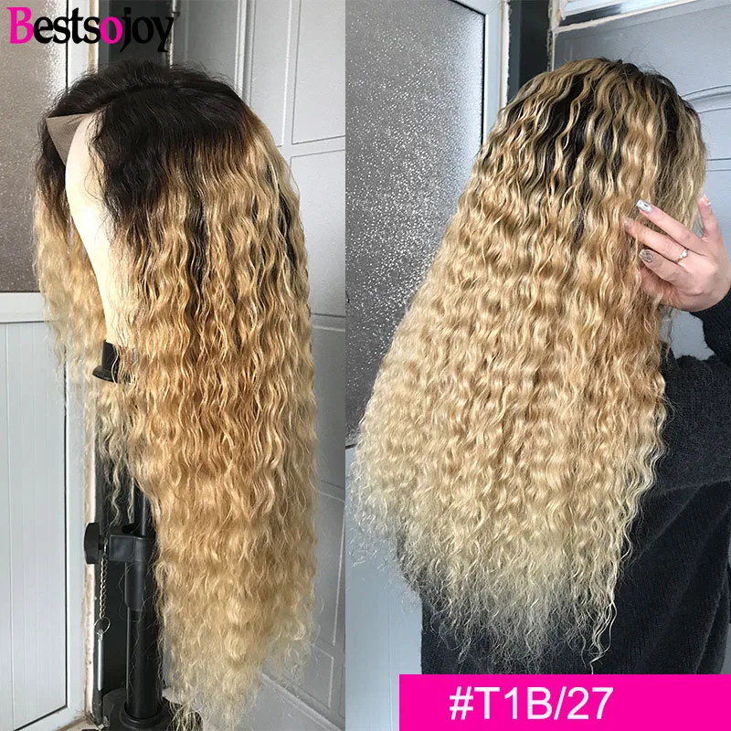 T1B/27 Bestsojoy вьющиеся человеческие волосы, парики на кружеве для женщин, натуральный цвет, 613 блонд, Омбре, бразильские вьющиеся волосы Remy, средний коэффициент - Цвет: T1B/27