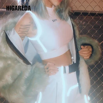 

White Sleeveless Tank Top Women Patchwork Reflective Stripes Crop Top Tees Fitness Workout Crop Top Streetwear Summer