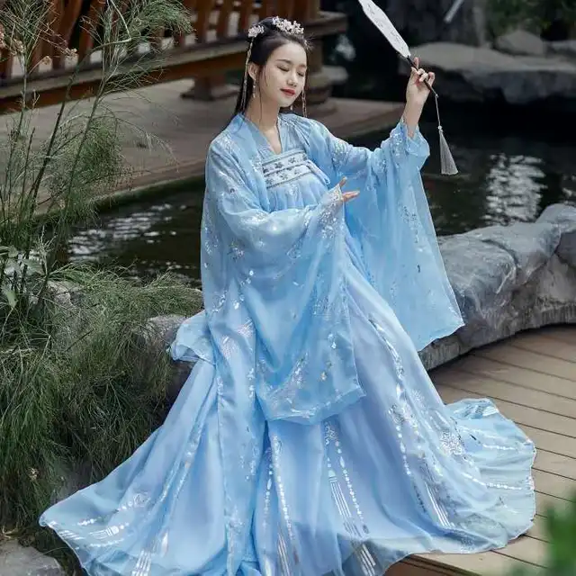 Summer Chinese Hanfu Princess Dress Women Fairy Folk with Kimono Female Dance Oriental Costume Chinese Clothes 3 meter hem set