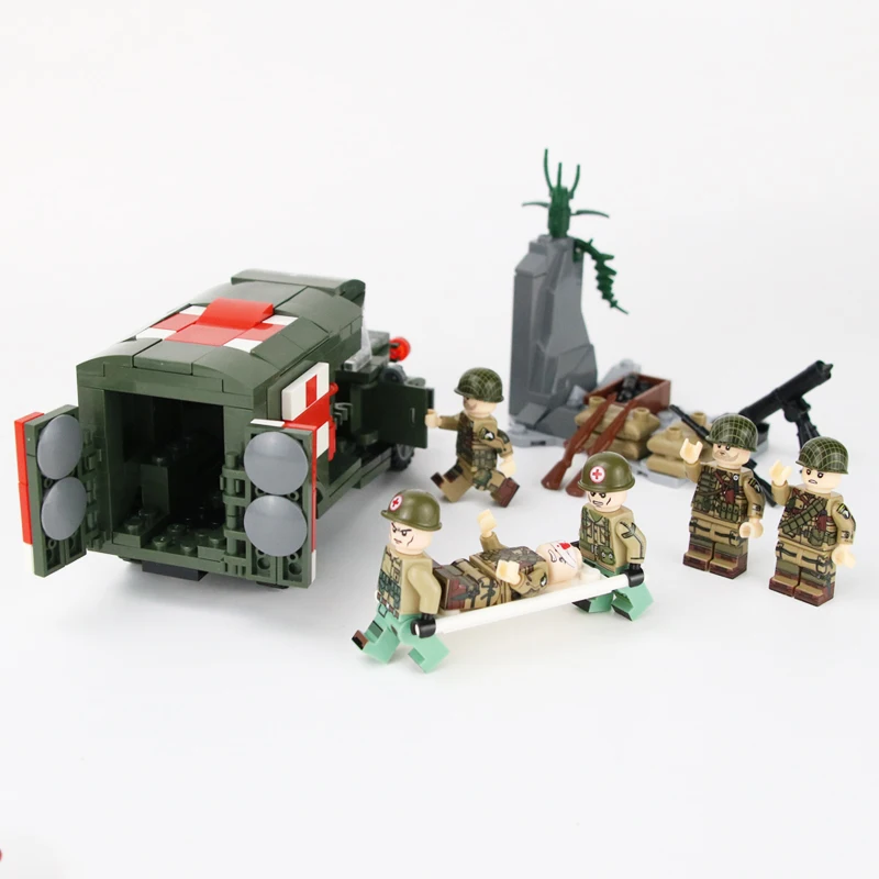 

WW2 USA Military Army Ambulance Building Blocks US Army rescue Soldiers Figures Weapons Accessories Building Blocks Bricks Toys