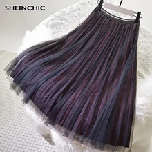 Европейская весна осень Женская плиссированная повседневная юбка с высокой талией белая/Розовая/красная сетчатая юбка миди для женщин Saia Faldas Новинка