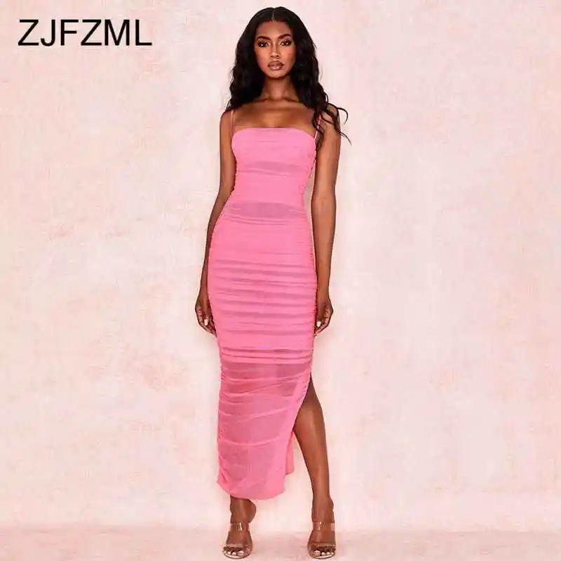 

Perspective Mesh Pleated Sexy Club Dresses Women Spaghetti Strap Backless Bodycon Party Dress Neon Green Side Split Maxi Dress