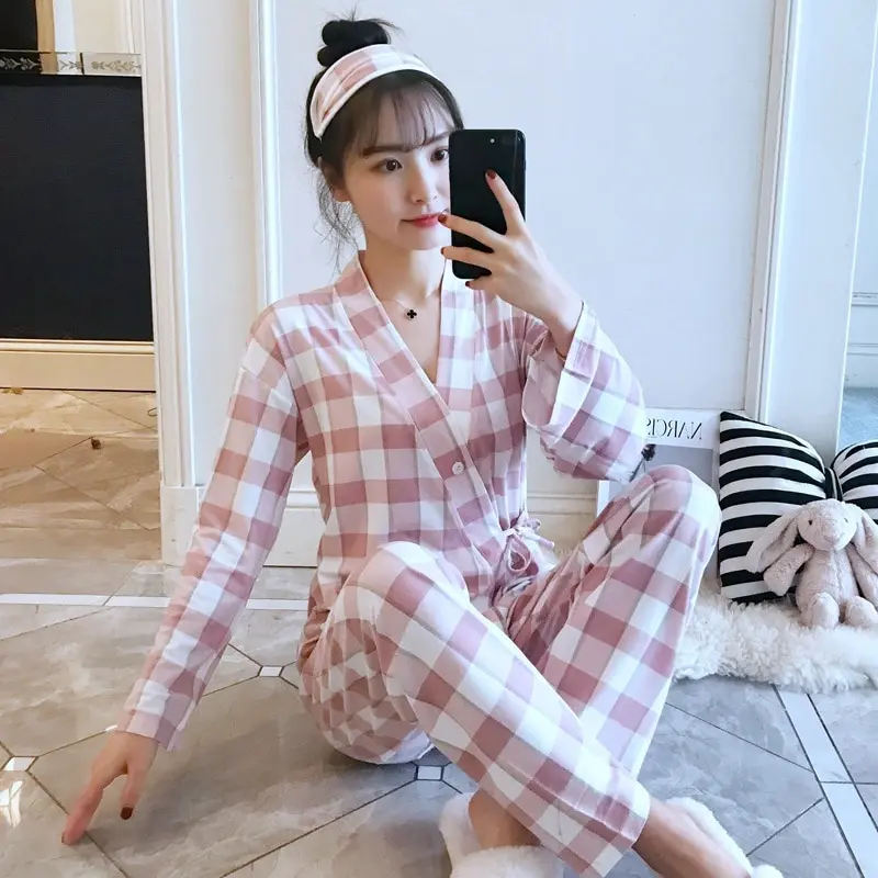 Casual Plaid Kimono Pajamas Sets for Women Spring Autumn Long Sleeve Pyjama Sleepwear Femme Homewear Pijama Mujer Lounge Clothes