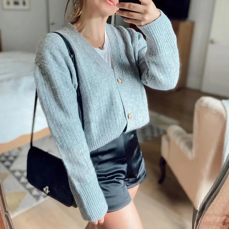 

Foridol knitted blue cropped cardigan women casual oversized sweater cardigans autumn winter grey tops 2020 streetstyle