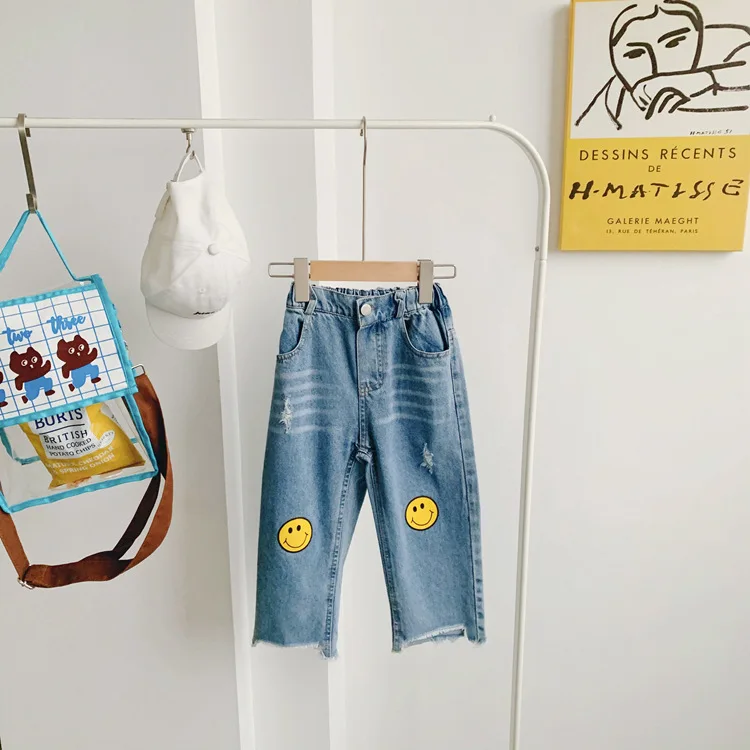 Toddler Girl Jeans Korean Style Smiley Print Denim Trousers for Boy Kids Pants 2 3 4 5 6 7 Years Child Elastic Waist | Детская одежда и