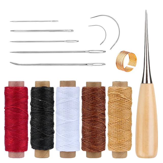 13 pcs Leather Tools Craft DIY Stitching Kit Waxed Thread Cords, Needles,  Stitching Awls, Sewing Piercing Tool, Thimble