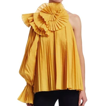 

Unique one-shoulder design shirt Office women's versatile summer shirts Draped Slings flower backless design Sexy elegant summer