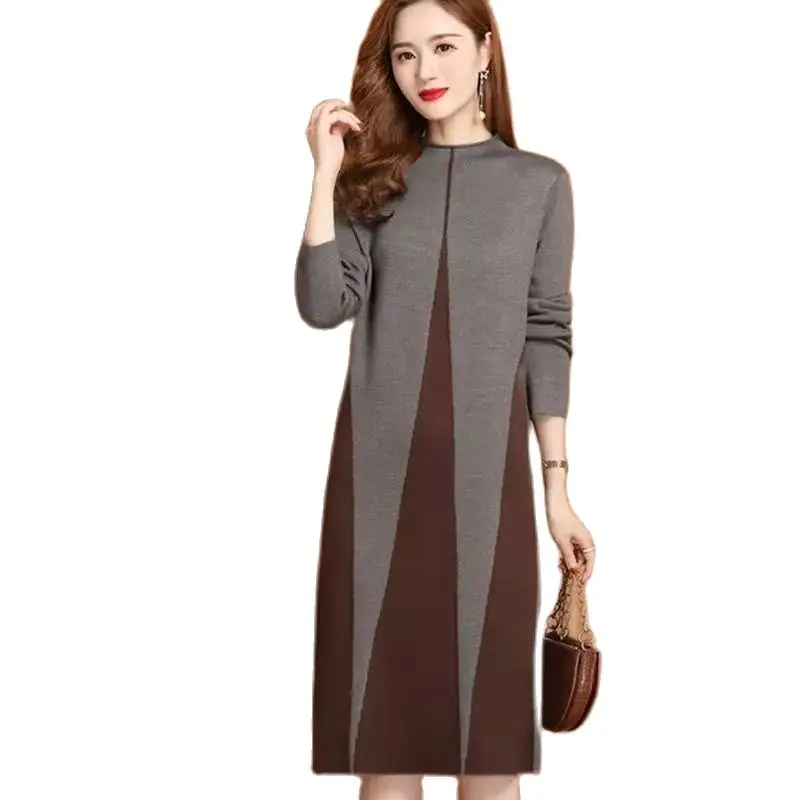 

High Quality 2022 New Fat Mother Mid-Long Knit Dress Vintag Fat Sweater Dresses Middle-Aged Female Autumn And Winter Dress Mothe