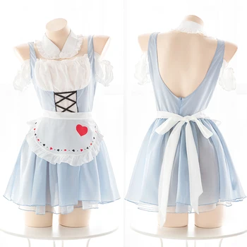 

Japanese Anime Alice Sexy Lolita Cosplay Maid Blue White Uniform Dress Female Party Underwear Set School Girl Costume Maid Dress