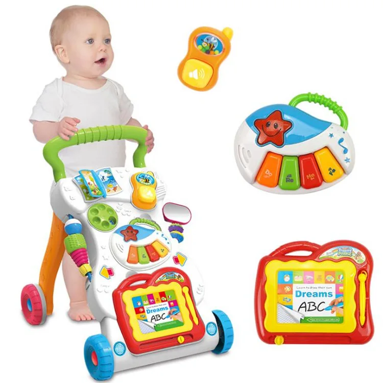 

High Quality Multifunctional Baby Walker Stand-to-sit Trolley Kids Gift For Toddler Learning Walk Music Piano Phone Drawing Toy