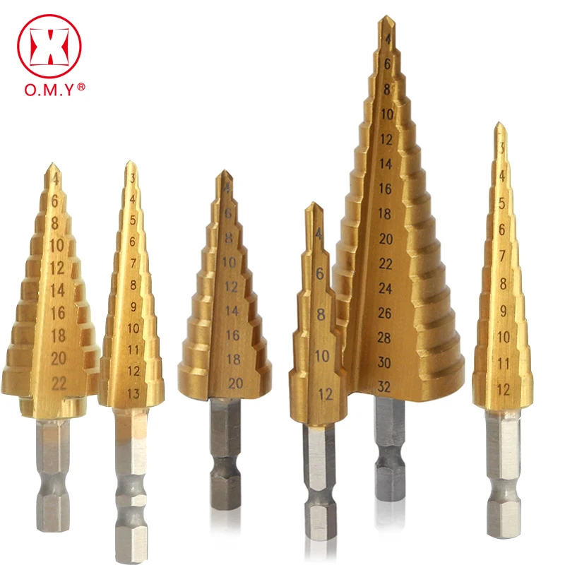 Step Drill Bit Spiral Flute HSS Steel Cone Titanium Coated Mini Drill Bit Tool Set Hole Cutter 3-12/13mm 4-12/20/22/32mm