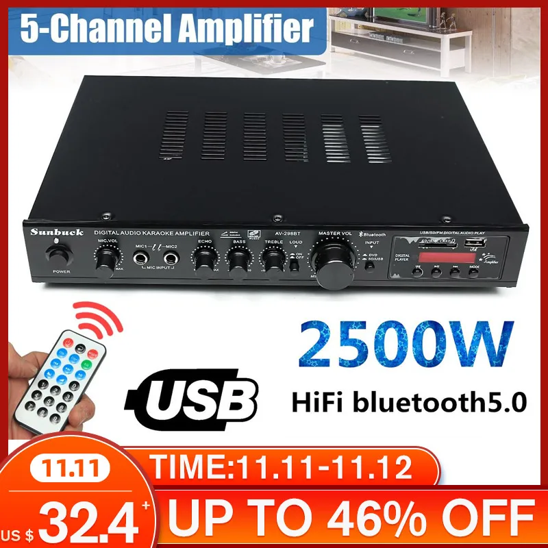 Новый 5-канальный усилитель мощности 2500 Вт bluetooth Hi-Fi стерео динамик Поддержка