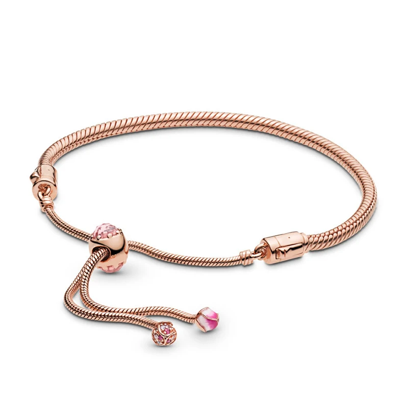 Стерлингового серебра 925 моментов розовый персик скользящий браслет подходит для Европы женщин Мода DIY Шарм бисера ювелирные изделия подарок