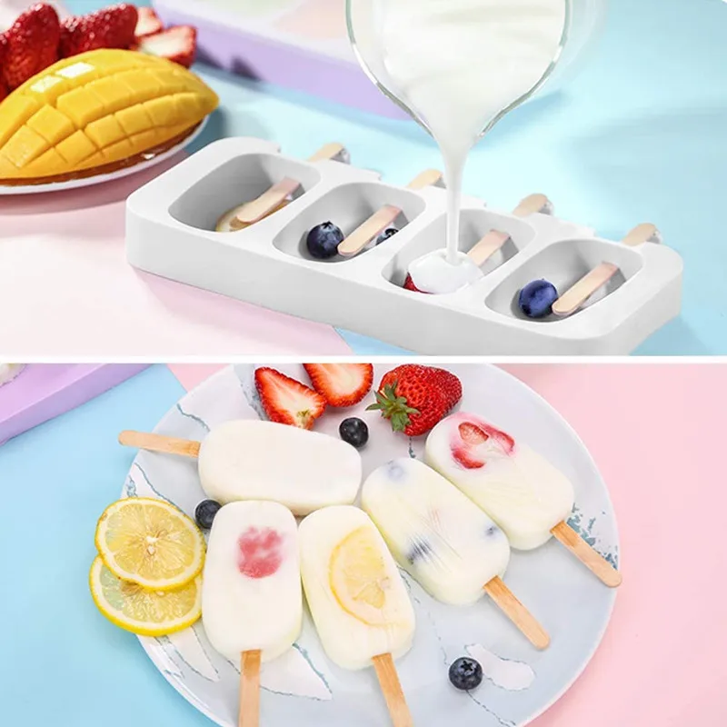 4/ Hole Silicone Ice Cream Mould Ice Cube Tray Popsicle Barrel Diy Mold Dessert Cream Mold with Popsicle Stick