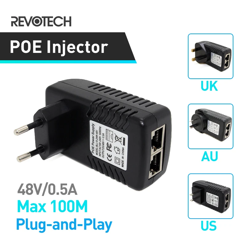 Potencia activa inyector POE adaptador de salida DC48V 0.5A EU/UK/US/AU enchufe opcional para cámara POE era cámara Poe IP Cámara POE alimentación de la Cámara adaptador