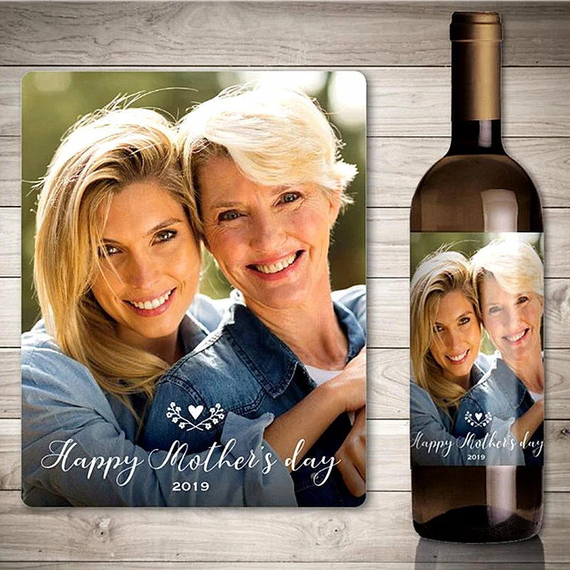 

Custom Photo Mother's Day Wine Label,Personalized Rose And Green Leaf Decorative Wine Bottle Sticker,Happy Mother's Day Gifts