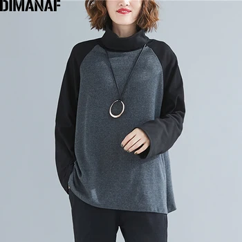 

DIMANAF Plus Size Women T-Shirts Cotton Turtleneck Shirts Spring Loose Casual Lady Tops Tunic Tees Basic Spliced Female Clothing