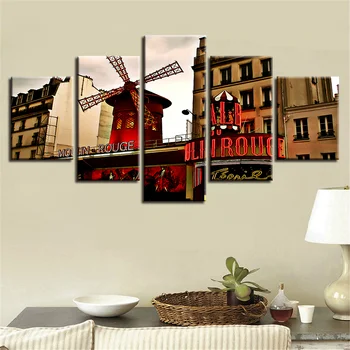 

Modular Wall Art Canvas Painting Picture HD Printed 5 Pieces Red Windmill And Retro Building Scenery Decoration Living Room Home