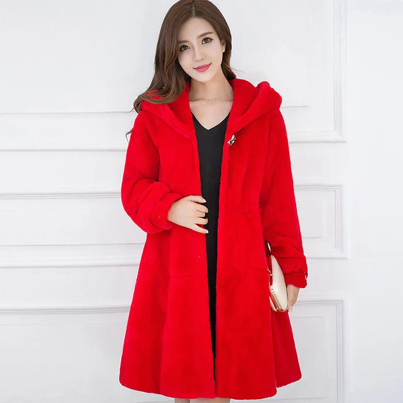 

Long Faux Coat Autumn Winter Women Imitation Rabbit Fur Coats Female Jacket Hooded Abrigo Mujer KJ887