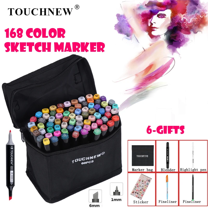

TOUCHNEW Art Markers Pen Set Sketch Marker Alcohol Ink Brush Dual Tips Professional Drawing Marker Set 30/40/60/80/168 Color