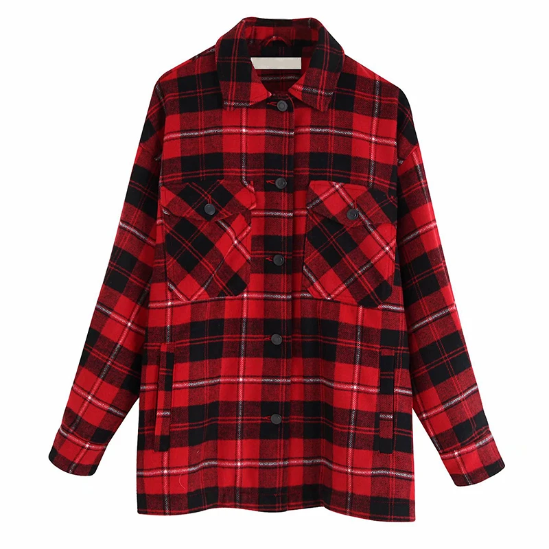 discount Plaid Overshirt Wool Blend Jacket Vintage Stylish Pockets Fashion Lapel Collar Long Sleeve Coat Cas