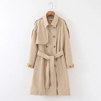 

women khaki windbreaker 2019 fashion ladies solid buttons turn down collar sash bow double-breasted slim female highstreet chic