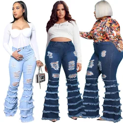 Calças de brim femininas de cintura alta magro rasgado buraco calças jeans senhoras vintage alargamento calças de outono plus size s ~ 5xl vestuário