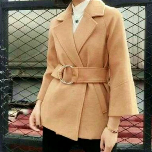 Woman Short Woolen Coat Belt Jacket